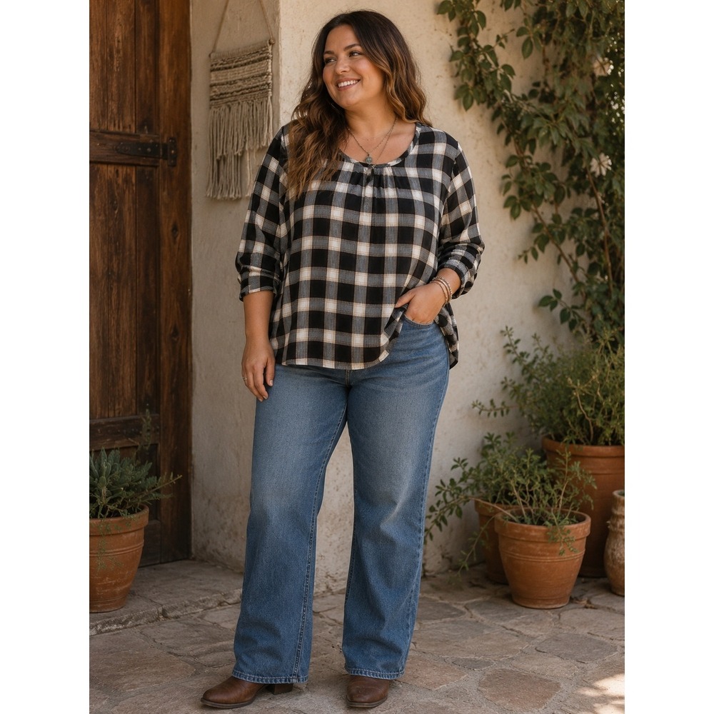 Boho‎ Farmcore Western Christopher & Banks Plaid Long Sleeve Black Tan XL Top